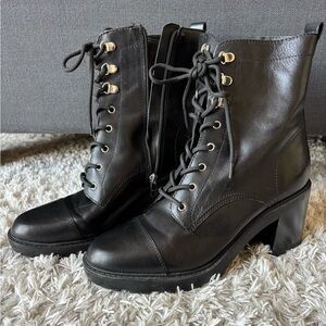MARC FISHER. Black moto lace up ankle boot with lug soles. Size 10